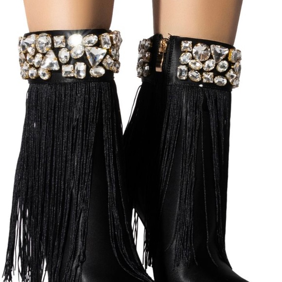 AZALEA WANG AVERI EMBELLISHED FRINGE BOOTIE IN BLACK - Picture 3 of 7
